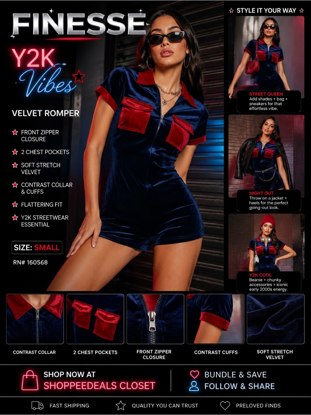 Finesse Velvet Zip Front Romper | Navy & Red | Size Small | Y2K Streetwear